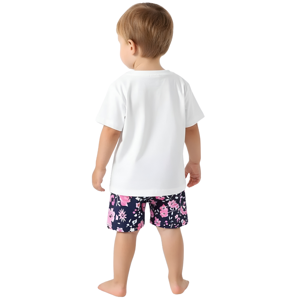 Baby Girl Cartoon Print Round Neck Top and Floral Shorts Two Piece Set