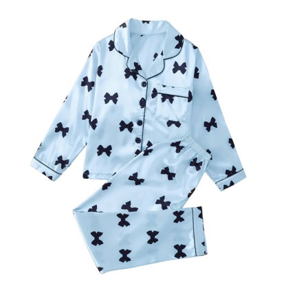 Long Sleeve Bowknot Print Pajama Set With Collar And Pants