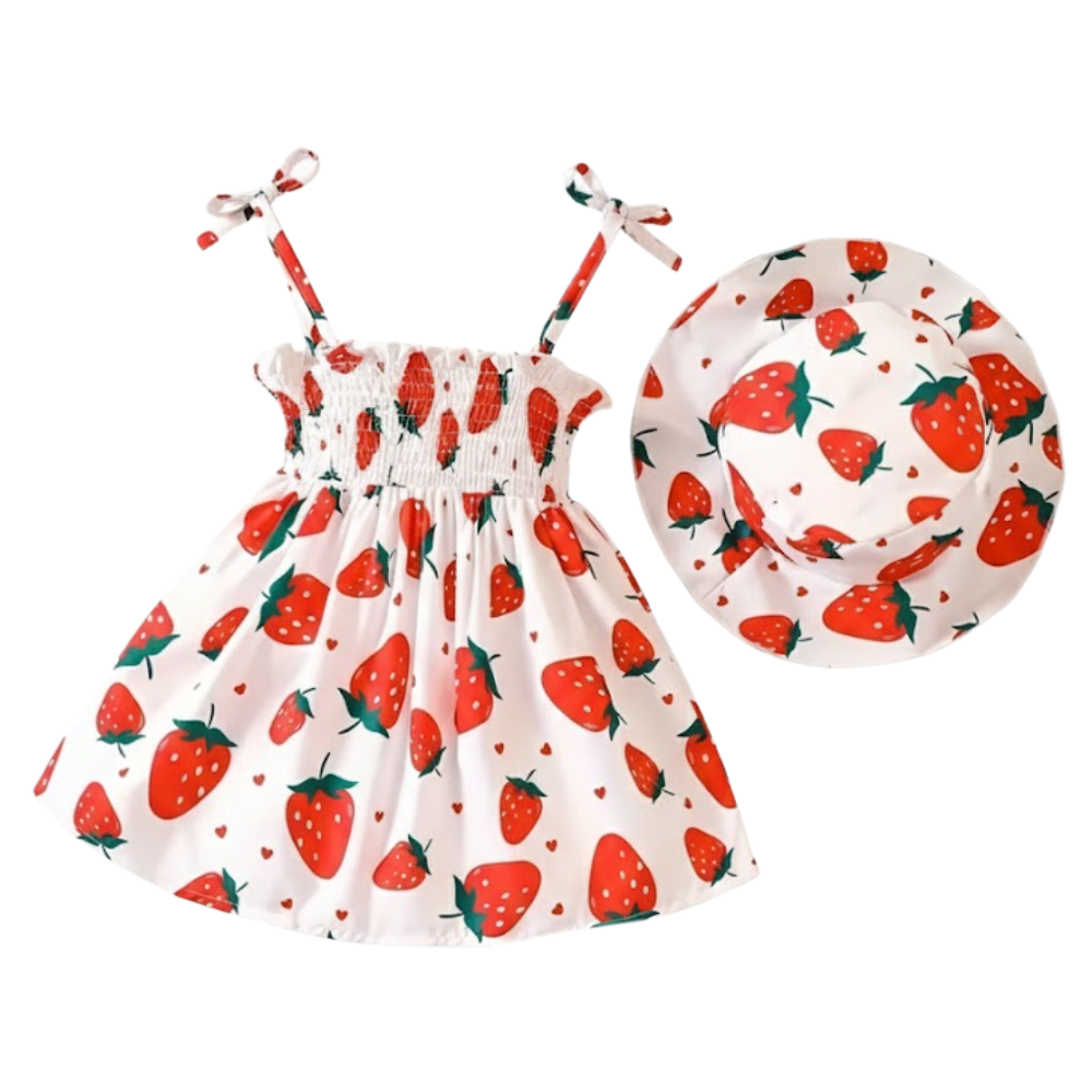 Fruit Pattern Print Sleeveless Camisole Dress And Hat For Baby Girl 
