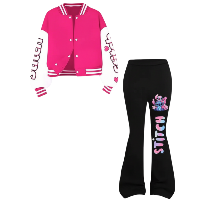 Stitch Print Girls Baseball Uniform And Trousers 2 Piece Set