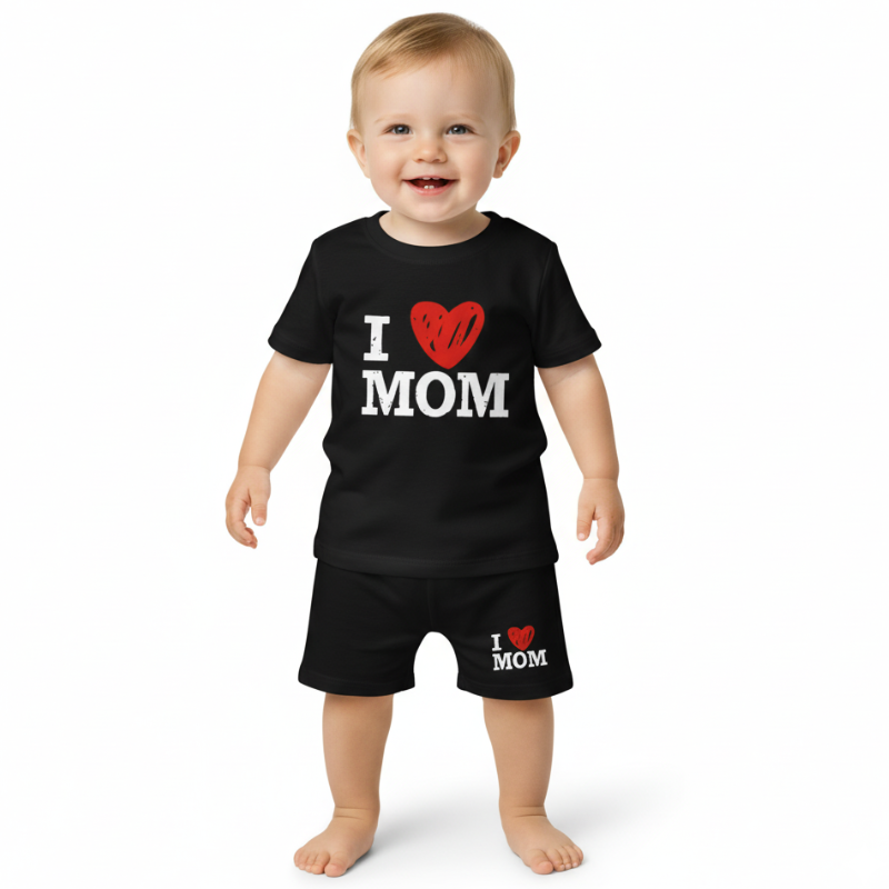 2pcs I Love Mom Print Short Sleeve Top and Shorts for Boys