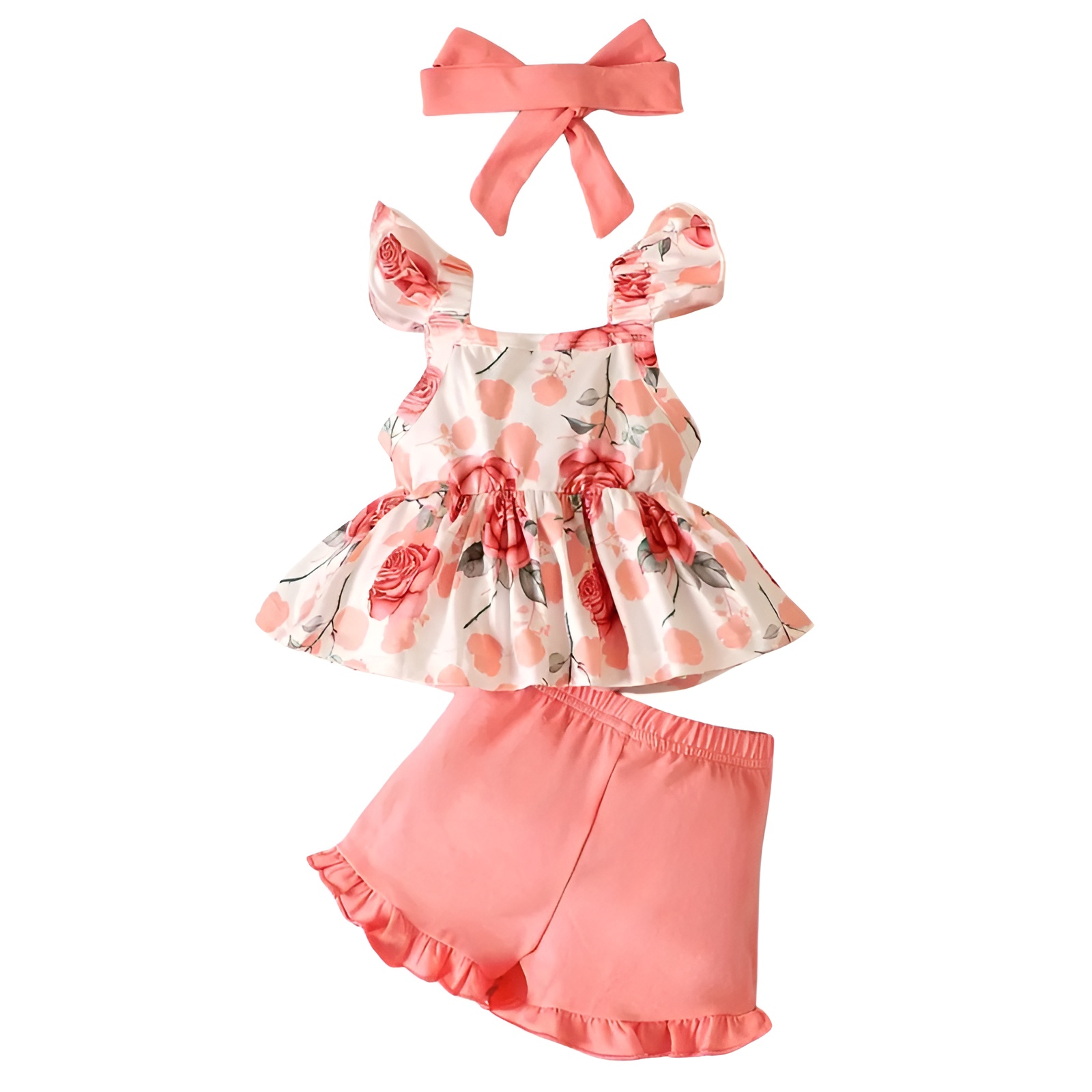 Girls Sleeveless Floral Print Top with Pink Ruffle Shorts and Headband Set