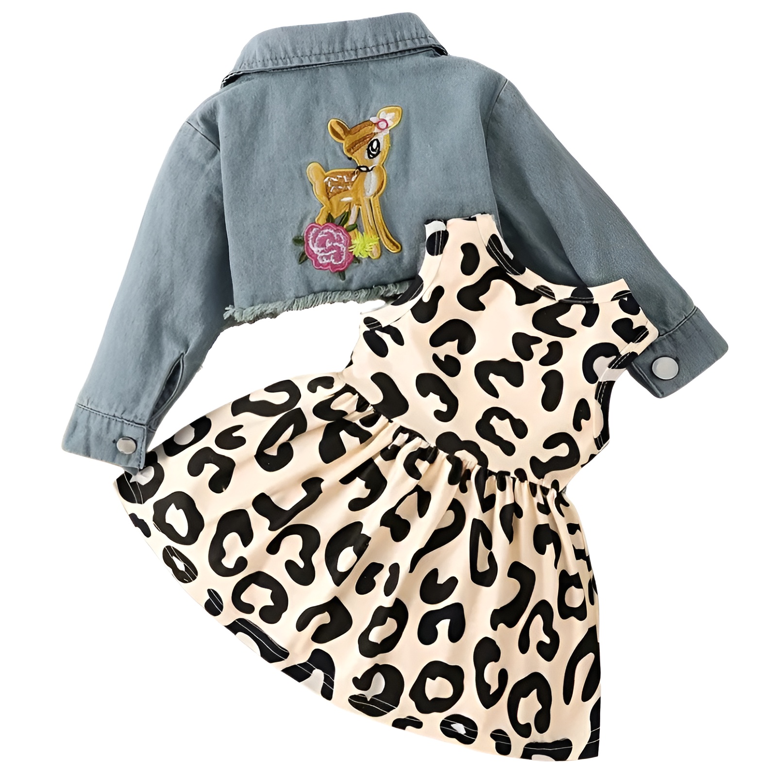 Girl Cartoon Print Vest Dress with and Short Denim Top Two Piece Set