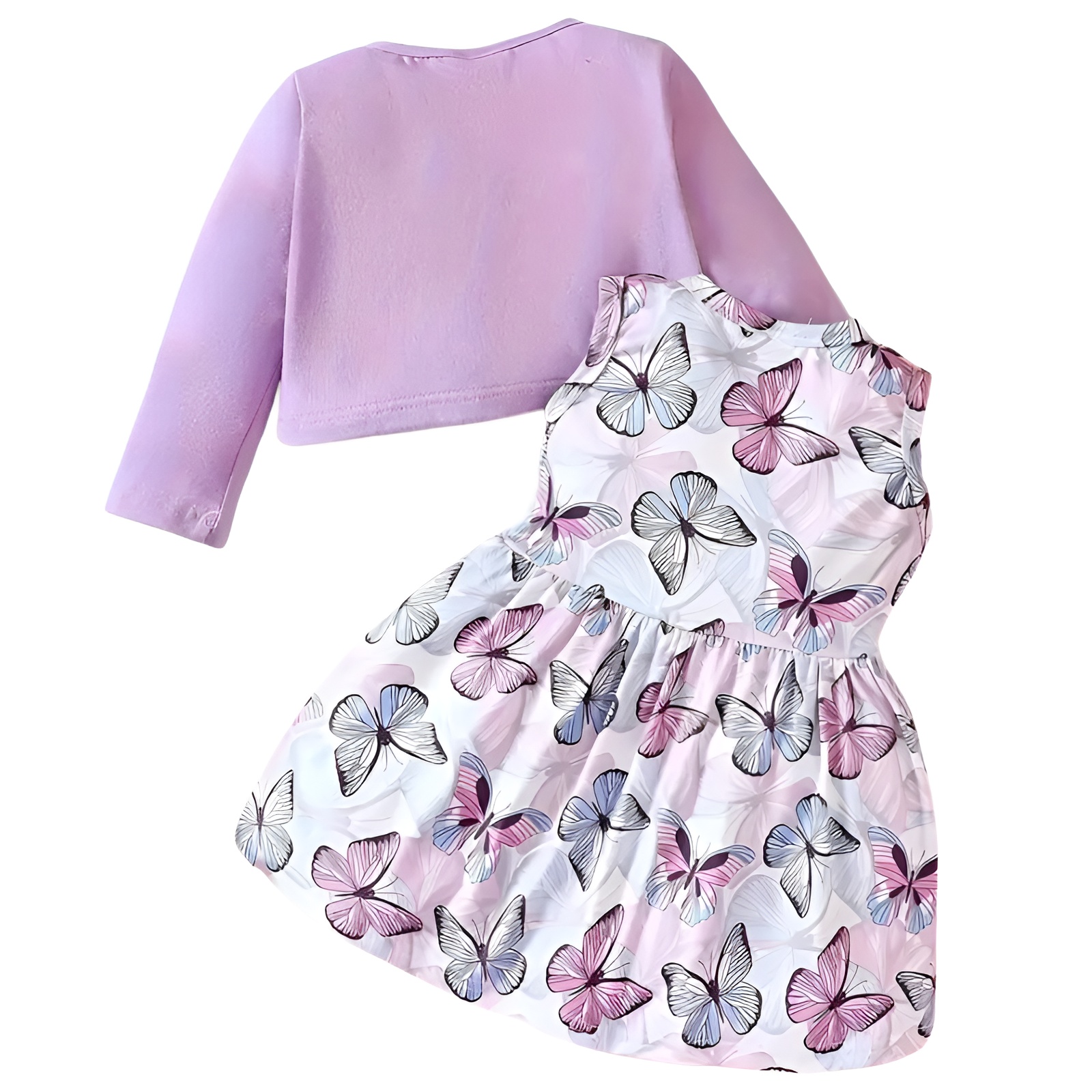 Girl Long Sleeve Top and Sleeveless Butterfly Print Vest Dress Two Piece Set