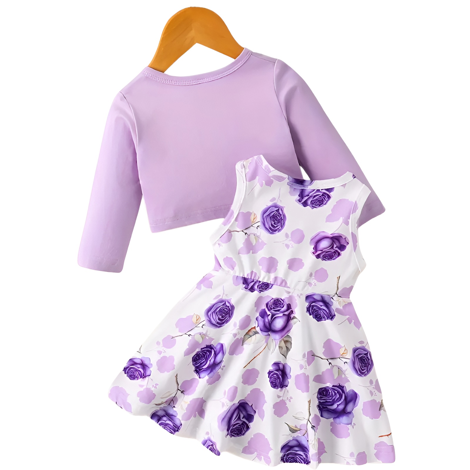 2pcs Girls Long Sleeve Top with Block and Floral Printed Skirt Outfit Set