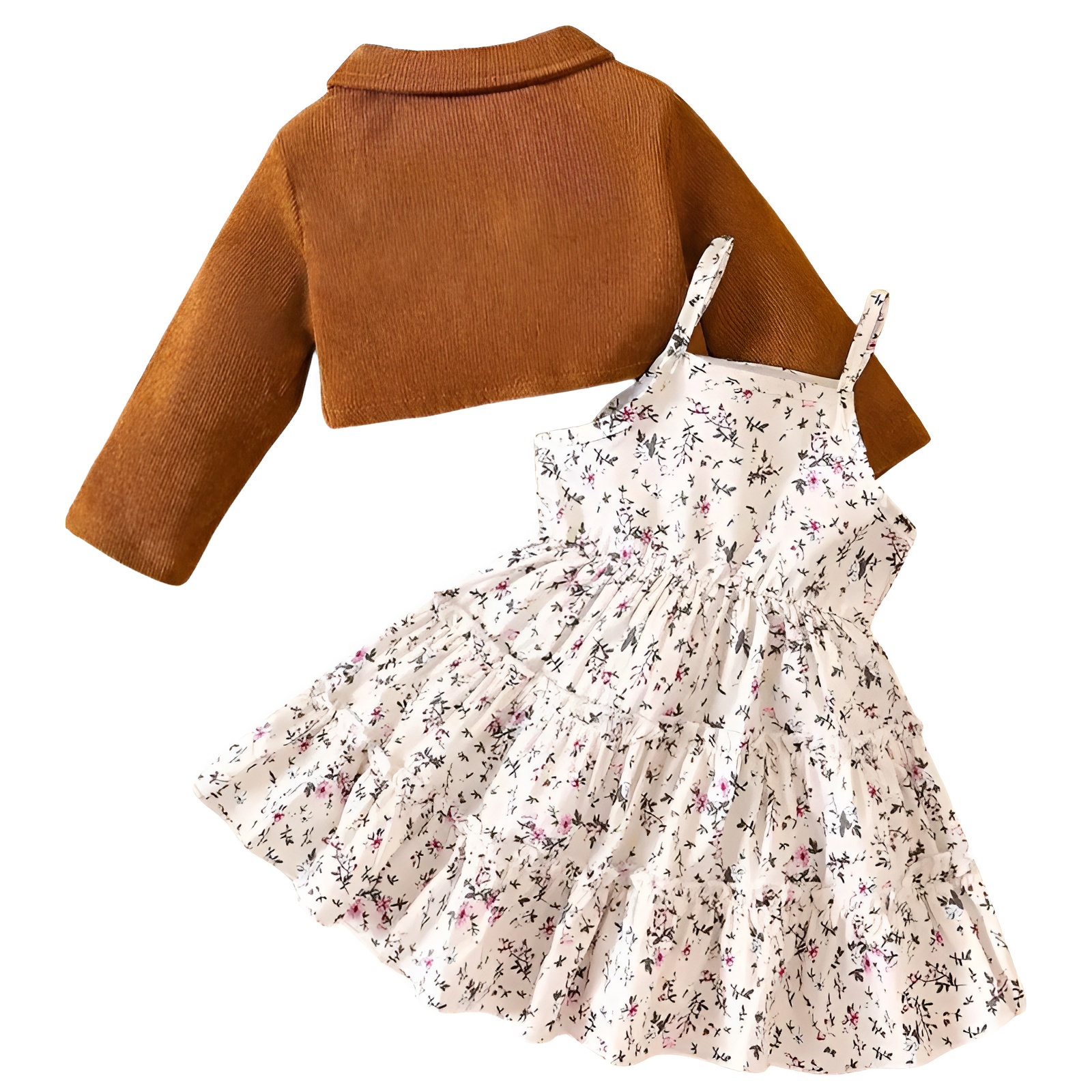 Girls Floral Print Sundress with Turn Collar and Long Sleeve Coat Two Piece Set