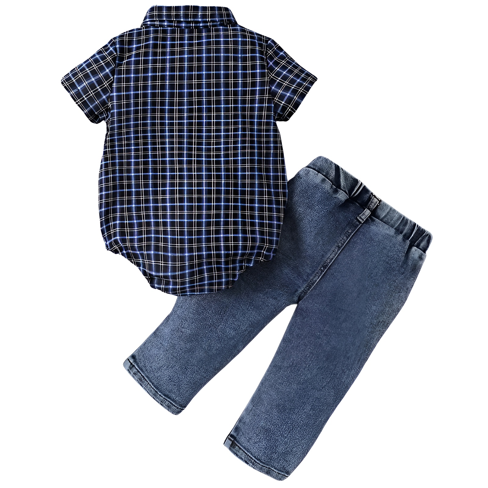Boys Lapel Short Sleeved Plaid Triangle Romper Faux Denim Pants Two Piece Suit