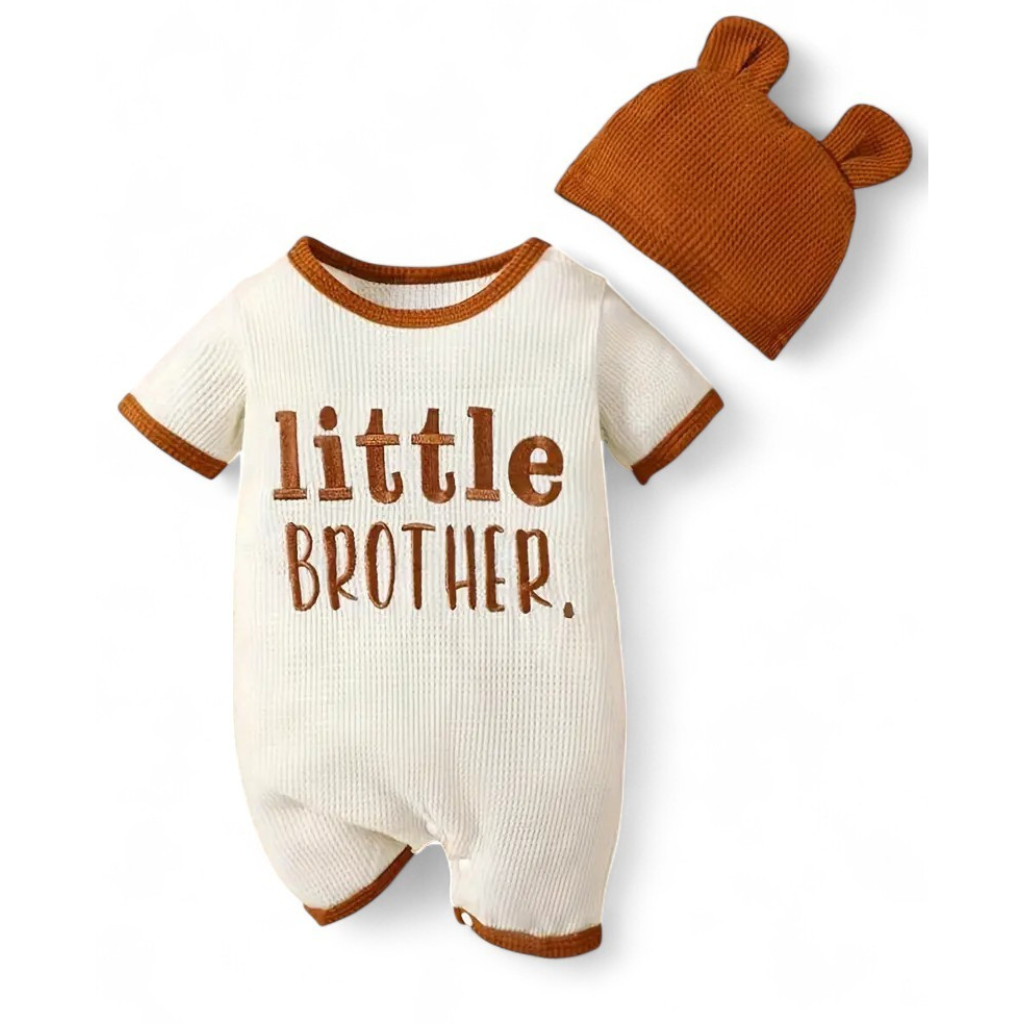 Little Brother Printed Baby Bodysuit With Bear Hat