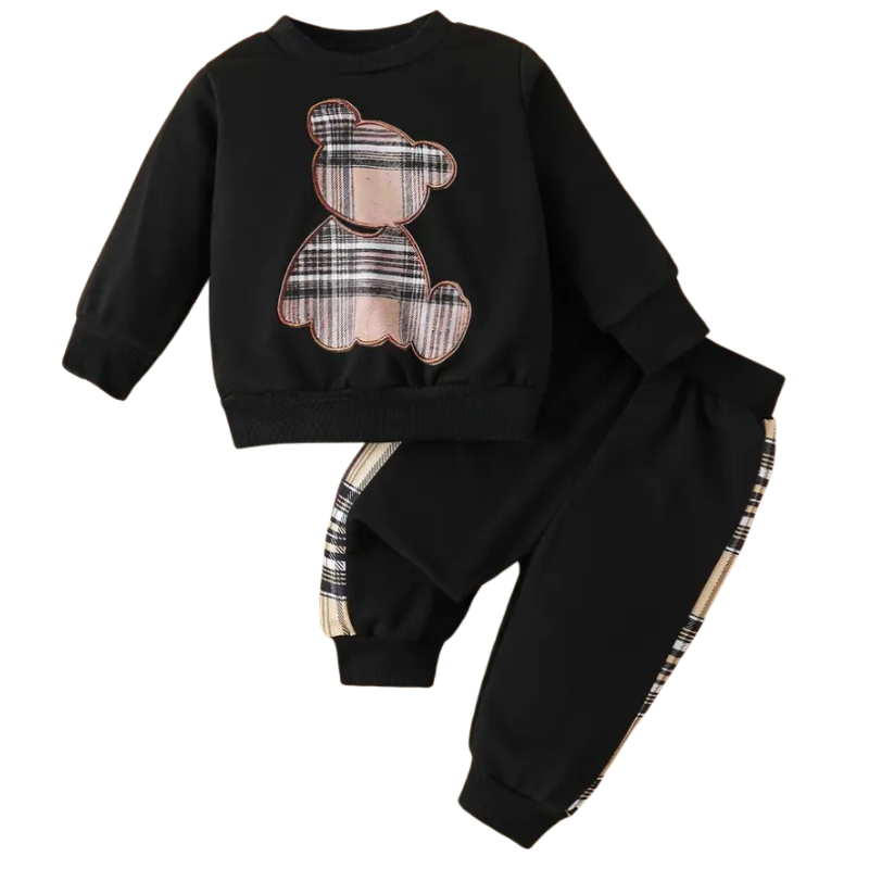 Boys Cartoon Print Long Sleeve Top and Checkered Pants Two Piece Set