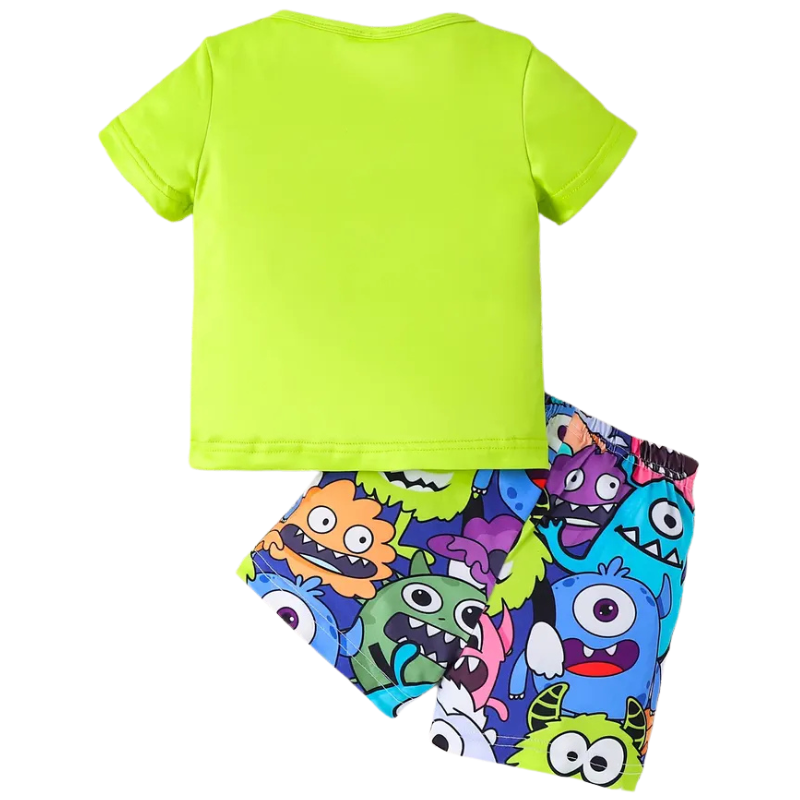 Boy Cartoon Print Short Sleeve Top and Random Print Shorts Two Piece Set