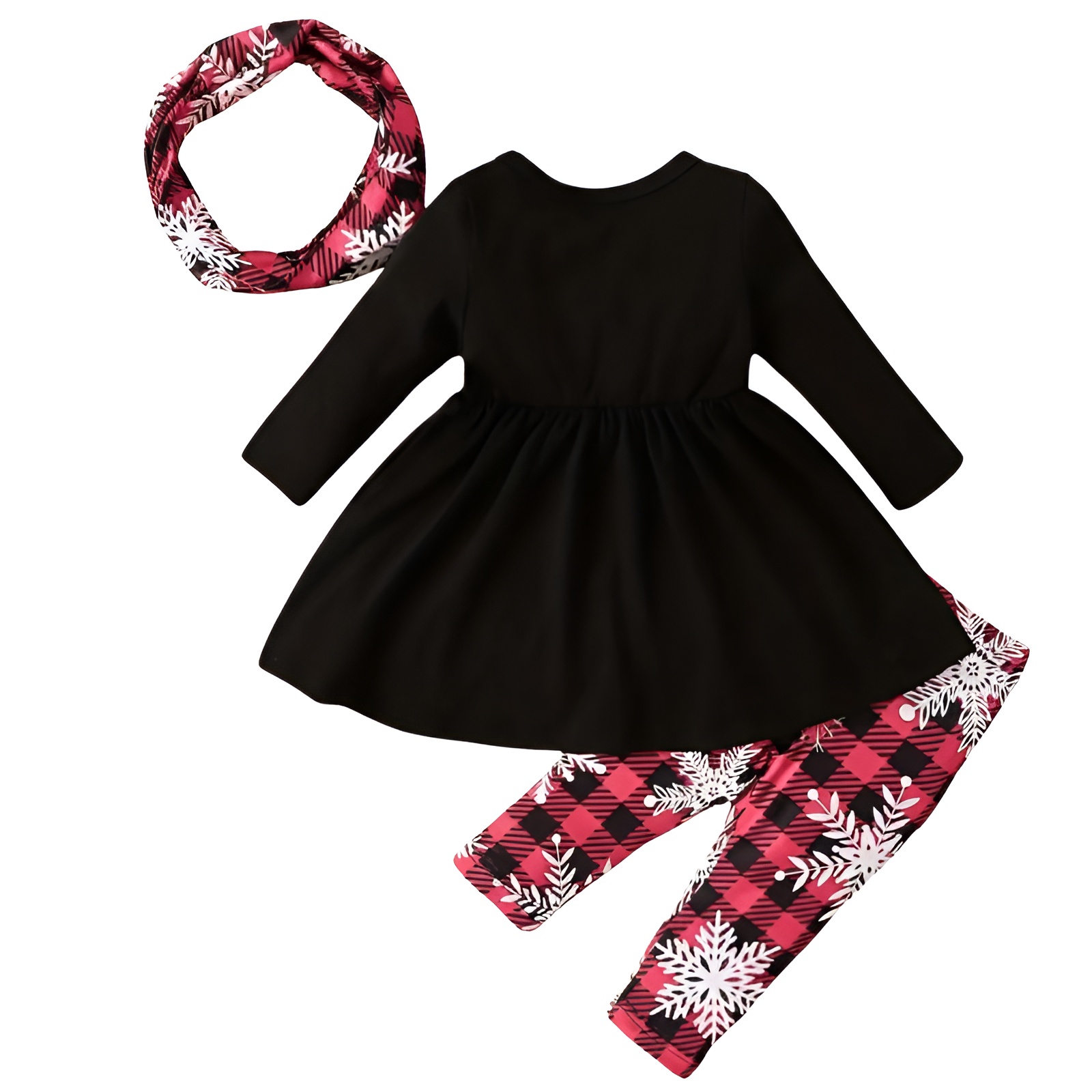 Girls 3pcs Winter Snowflake Print Dress with Long Sleeve Top & Pants Round Neck Romper Outfit Set