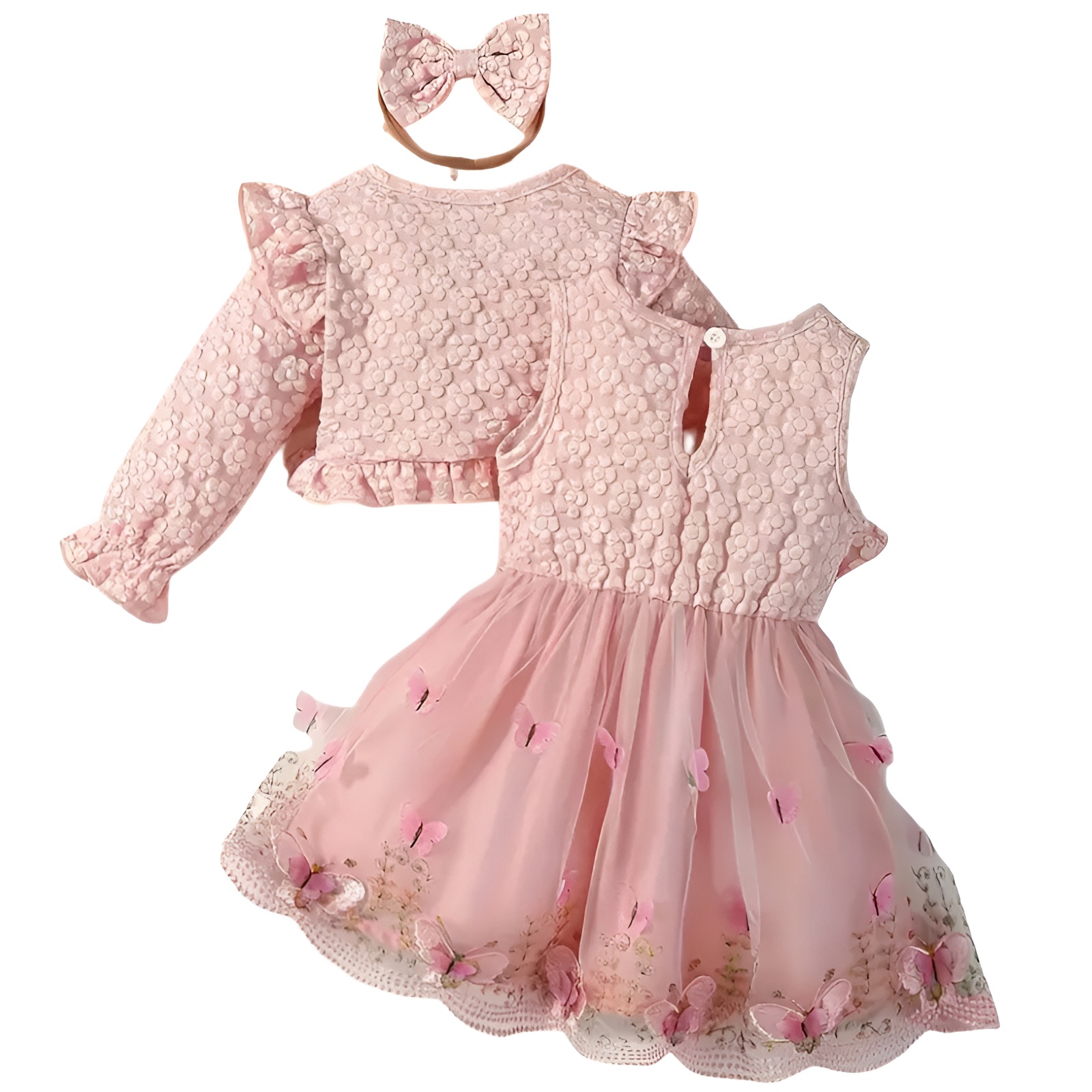 Girl Floral Print Long Sleeve Top with Butterfly Mesh Patchwork Vest Skirt Set for Three Piece