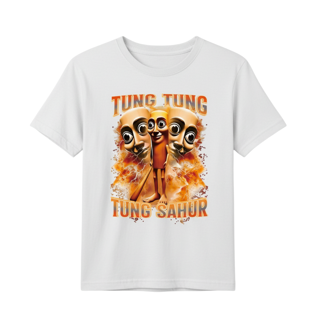 Cartoon Print With Wooden Stick Figure Design Round Neck T Shirt