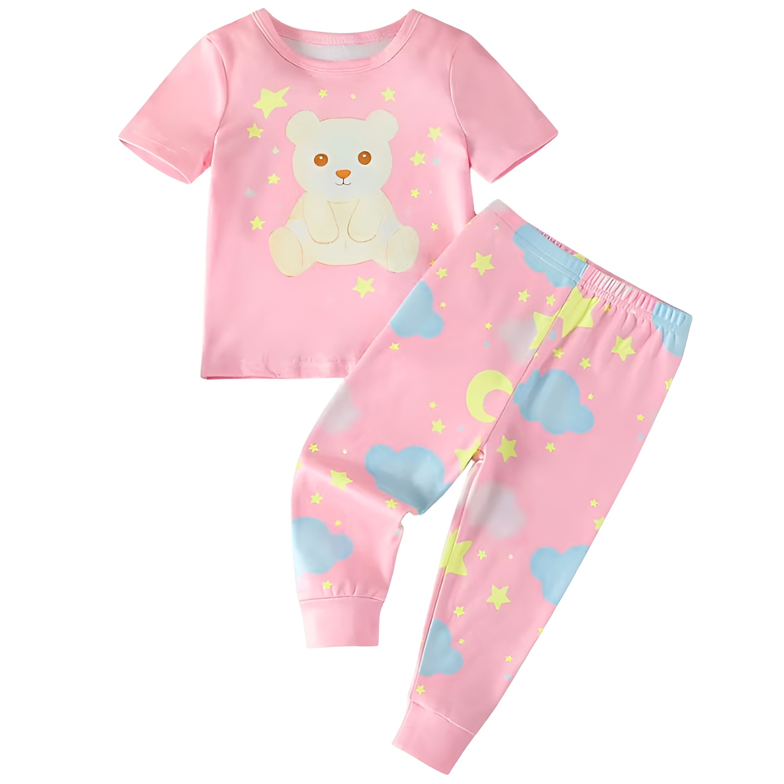 2 Pieces Bear Moon Cloud Element Print Short Sleeve Tshirt and Pants Set for Girls