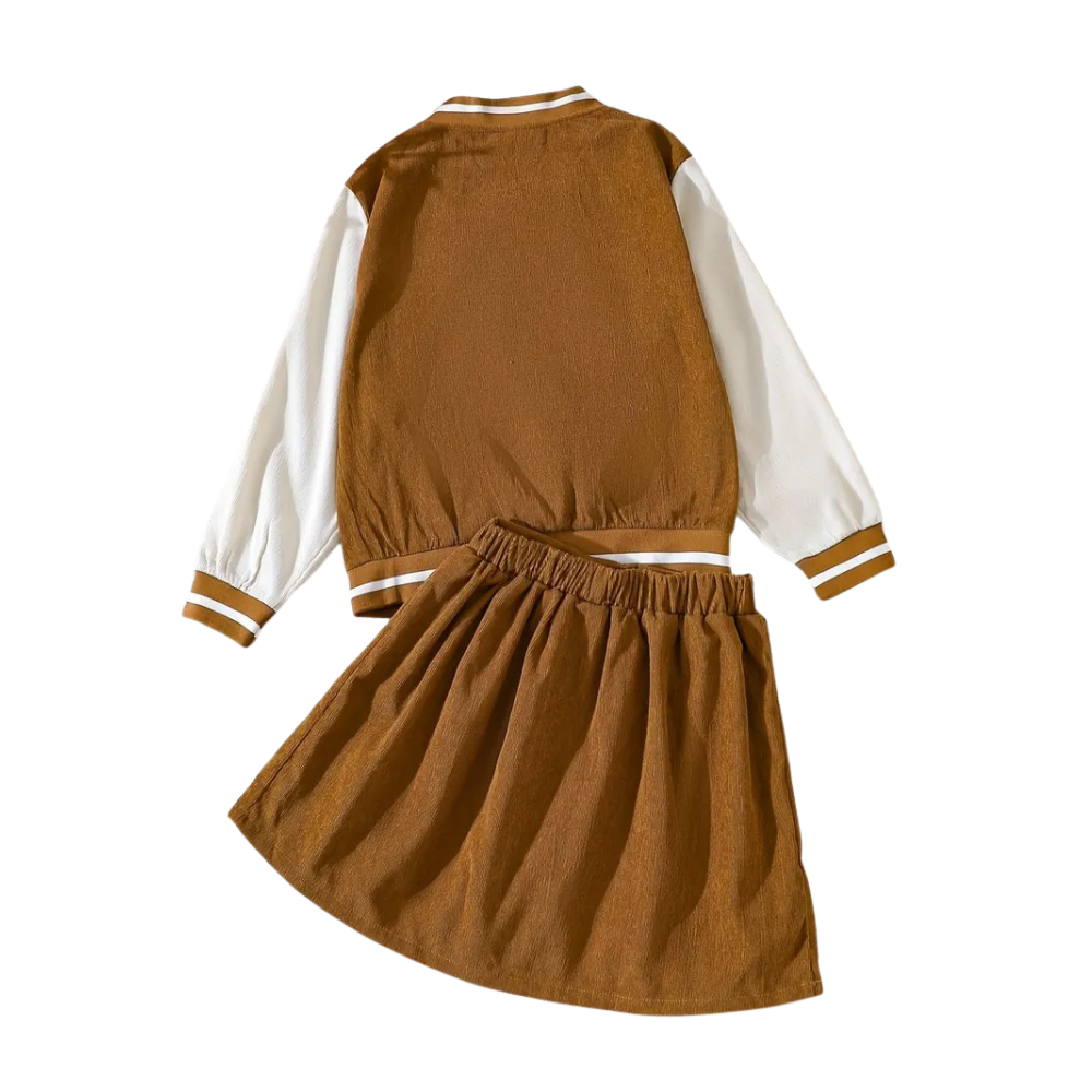 Two Piece Girls Preppy Outfit With Baseball Jacket And Pleated Skirt