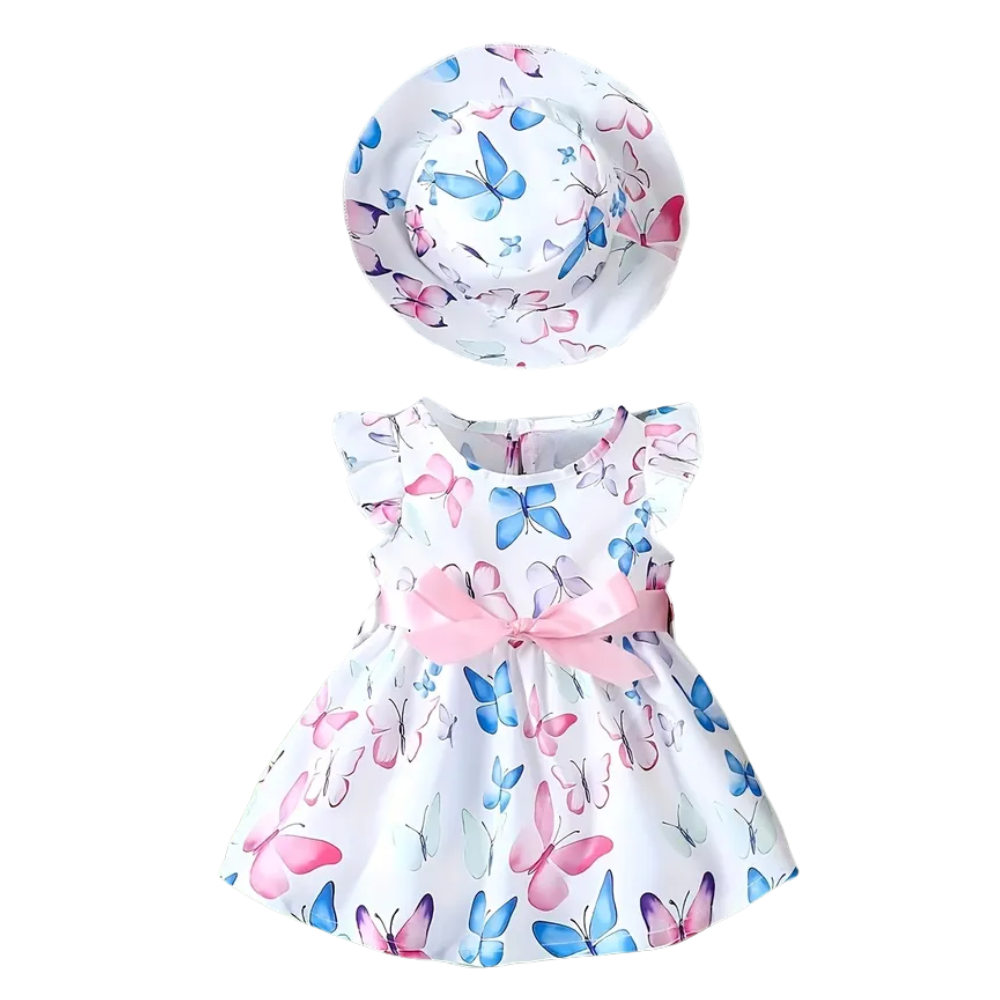 Butterfly Printed Dress And Matching Hat Set For Girls 