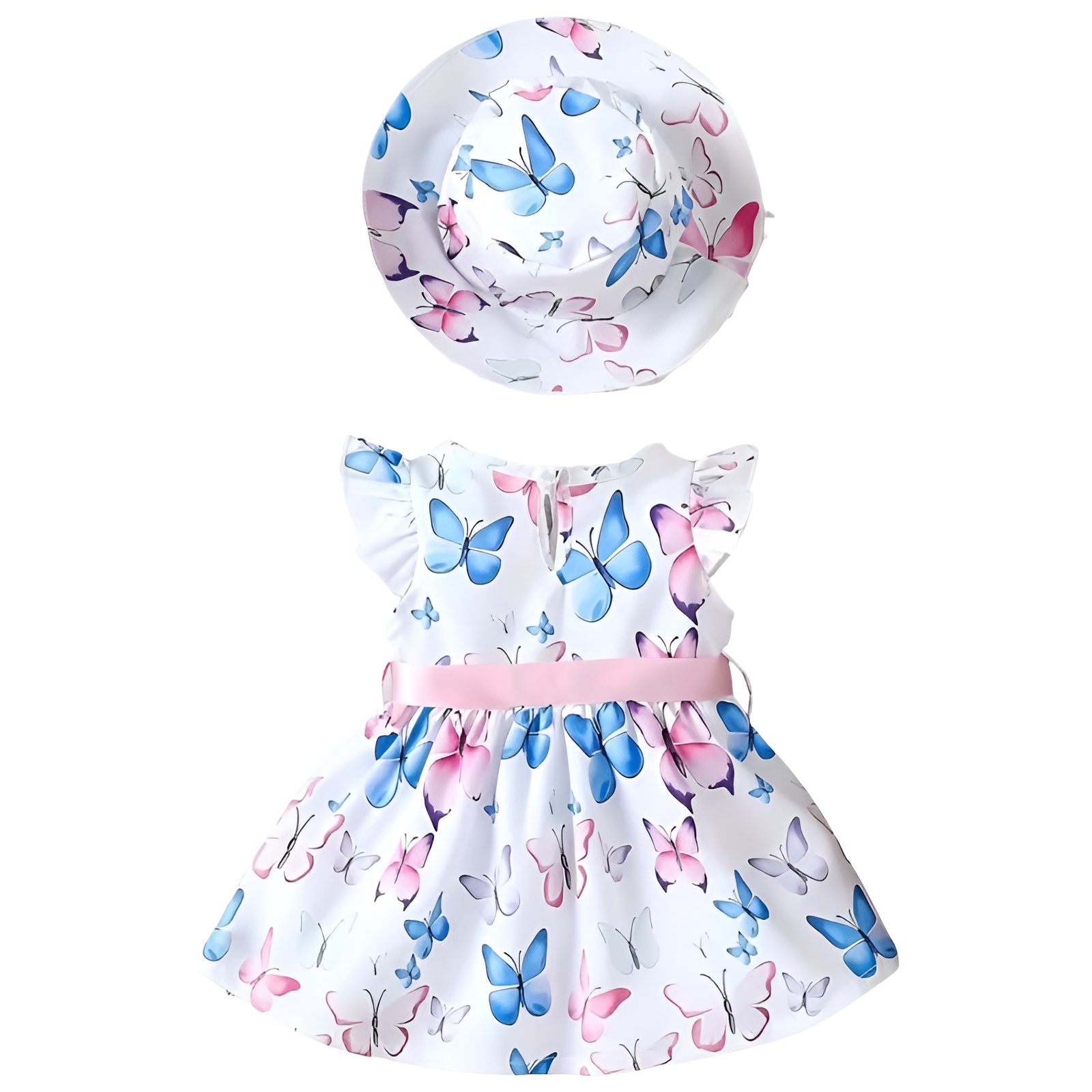 Butterfly Print Dress with Belt and Hat Set for Girls
