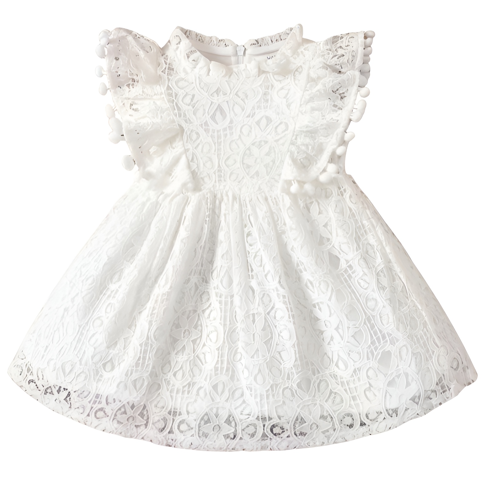 Lace Trimmed Short Sleeve with Puff and Ruffled Hem Dress for Girls