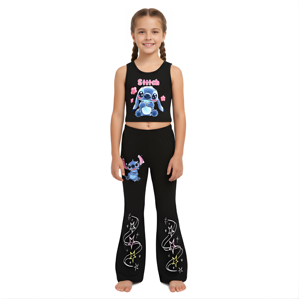 Stitch Print Sleeveless Tank Top And Flare Pants Set For Girls