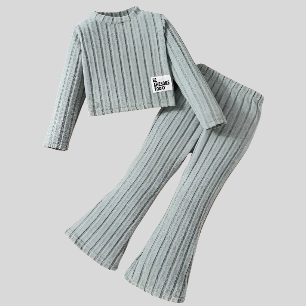 Long Sleeve Ribbed Pullover Top With Flare Pants Set For Girls