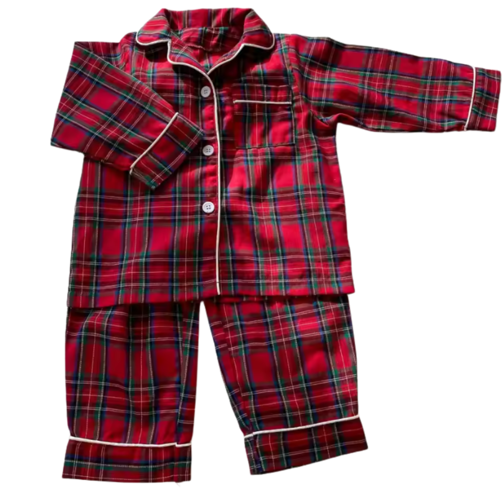 Kids Cotton Plaid Long Sleeve Pajama Set For Boys And Girls
