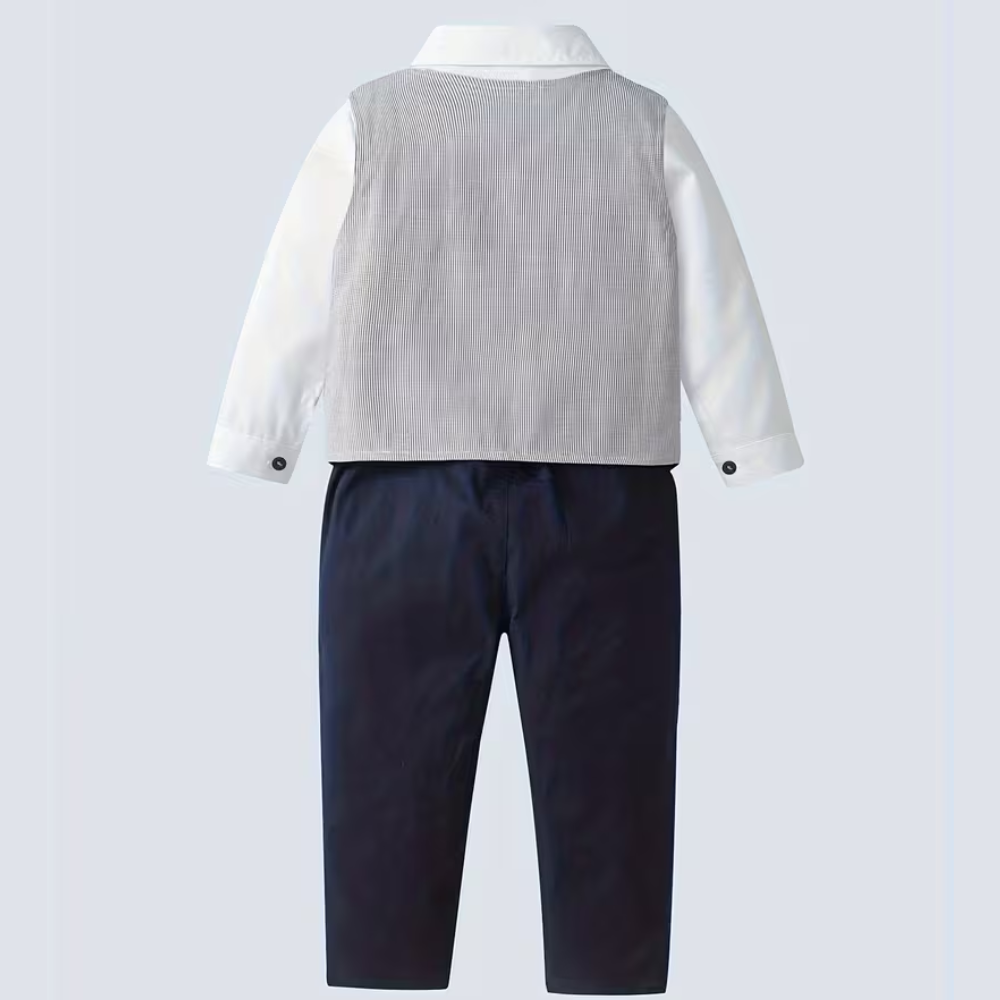 Four Piece Outfit Set With Long Sleeve Shirt with Bow Tie Vest And Pants