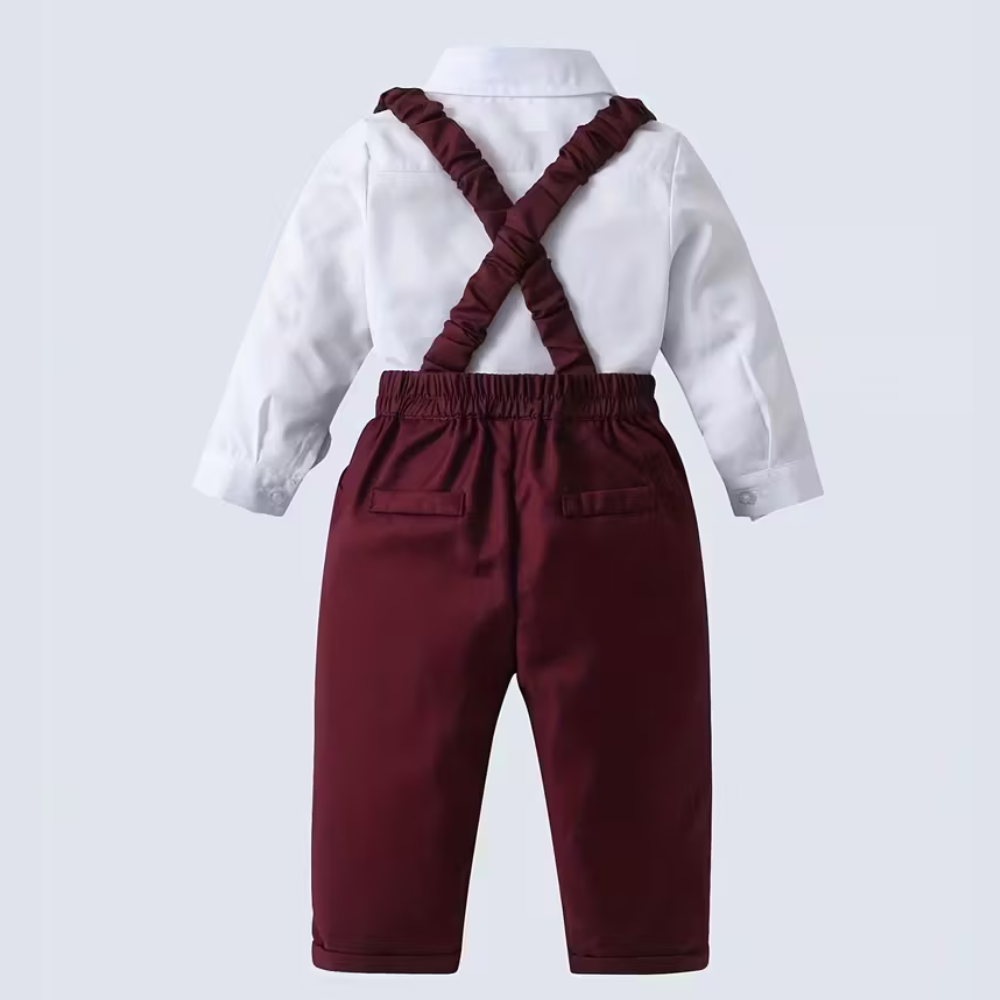 2 Piece Of Formal Outfit With Bow Tie Shirt And Suspender Pants Set For Baby Boys