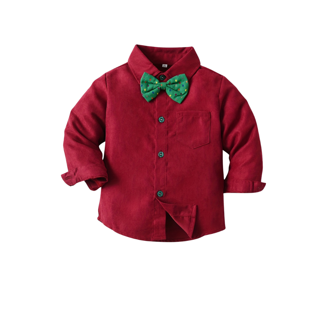 Two Piece Set With Long Sleeve Front Button Shirt Bow Tie And Pants For Boy