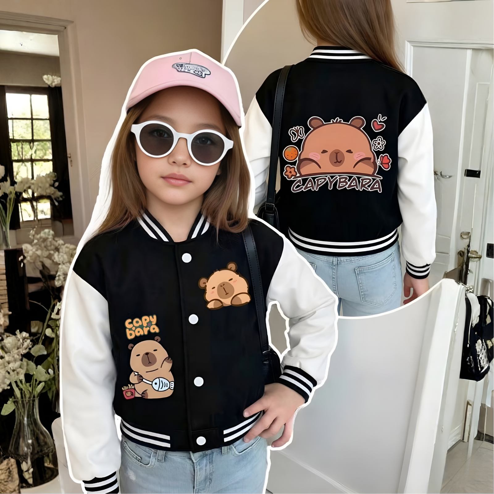 Capybara Graphic Print Baseball Jacket With Snap Closure For Girls