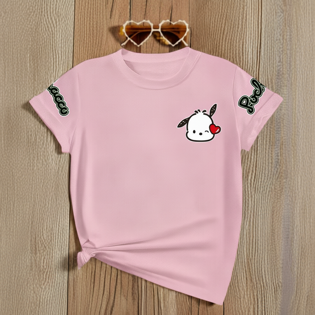 Mesh Short Sleeve T Shirt With Double Sided Pochacco Print For Girls