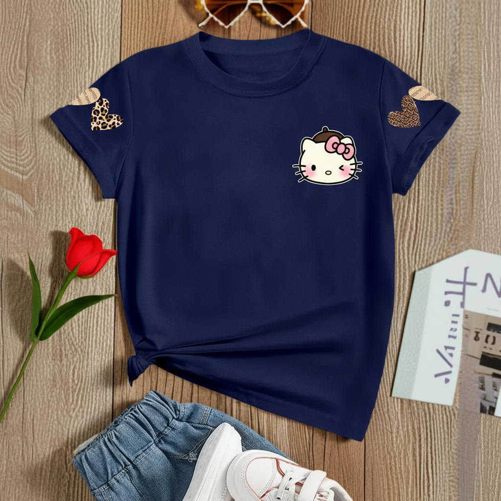Short Sleeve T Shirt With Double Sided Leopard Print Hello Kitty For Girls
