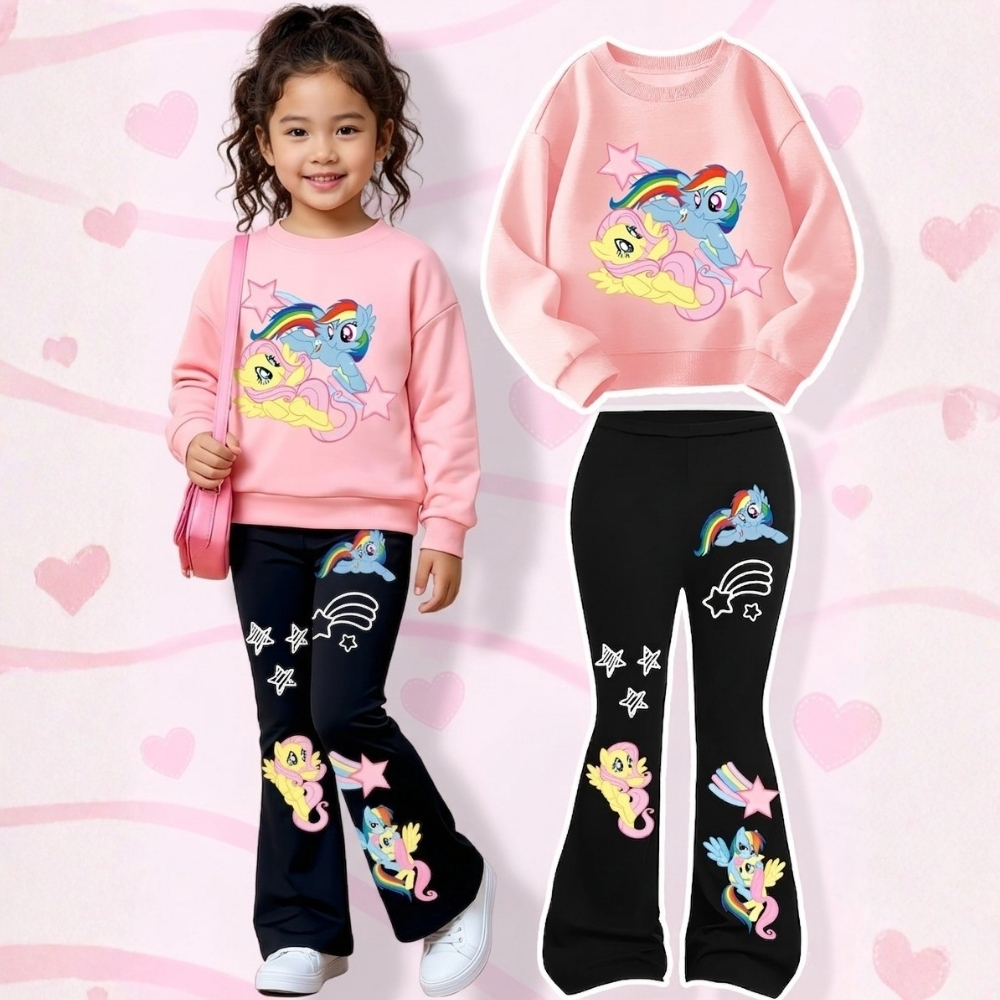 Fluttershy Dash Graphic Print Sweatshirt And Flared Pants Set For Girls
