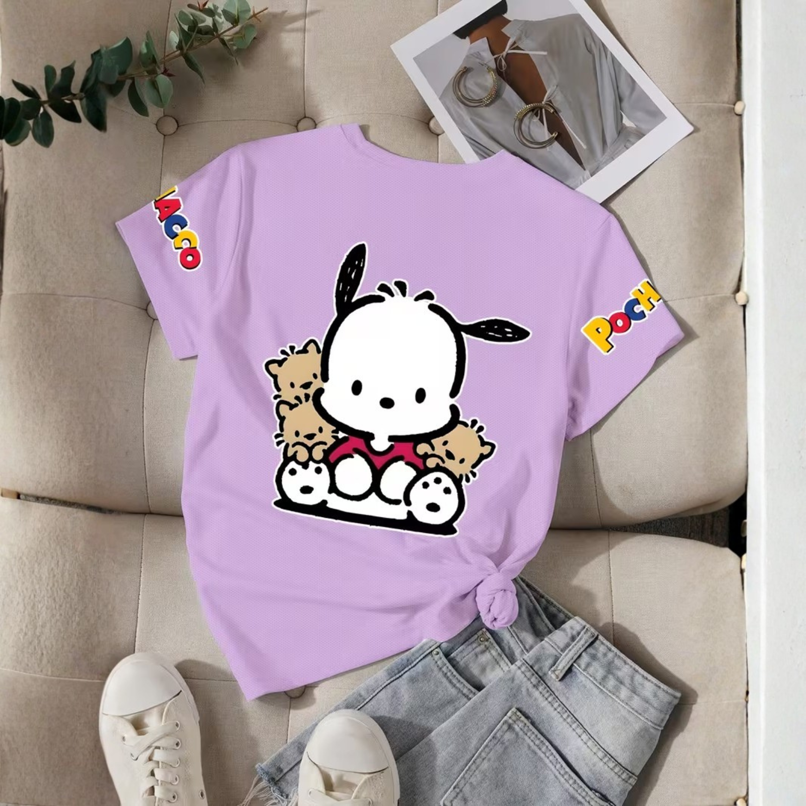 Pochacco Cartoon Printed Short Sleeves T Shirt For Girls