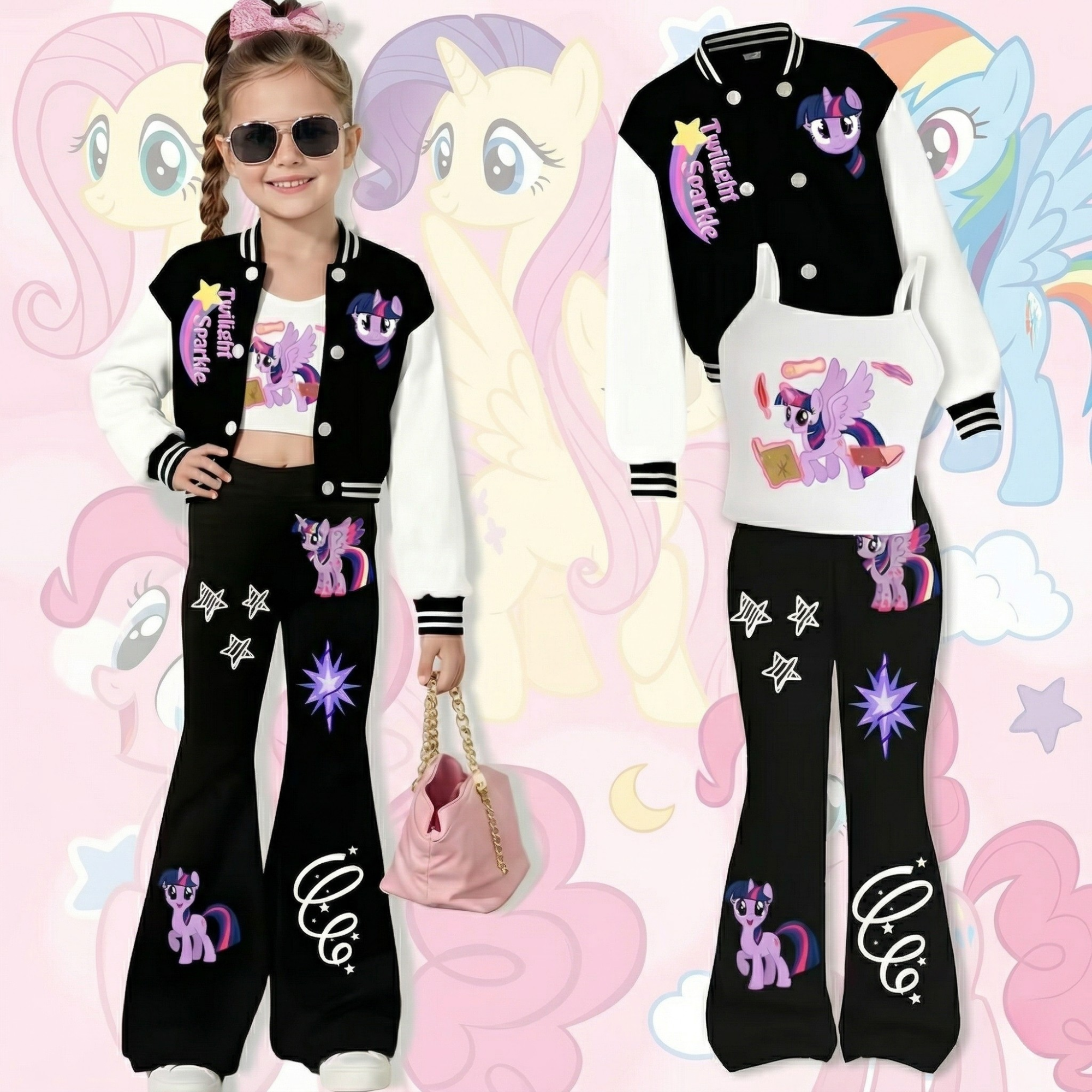 3 Piece Twilight Sparkle Character Printed Outfit Set For Girls 