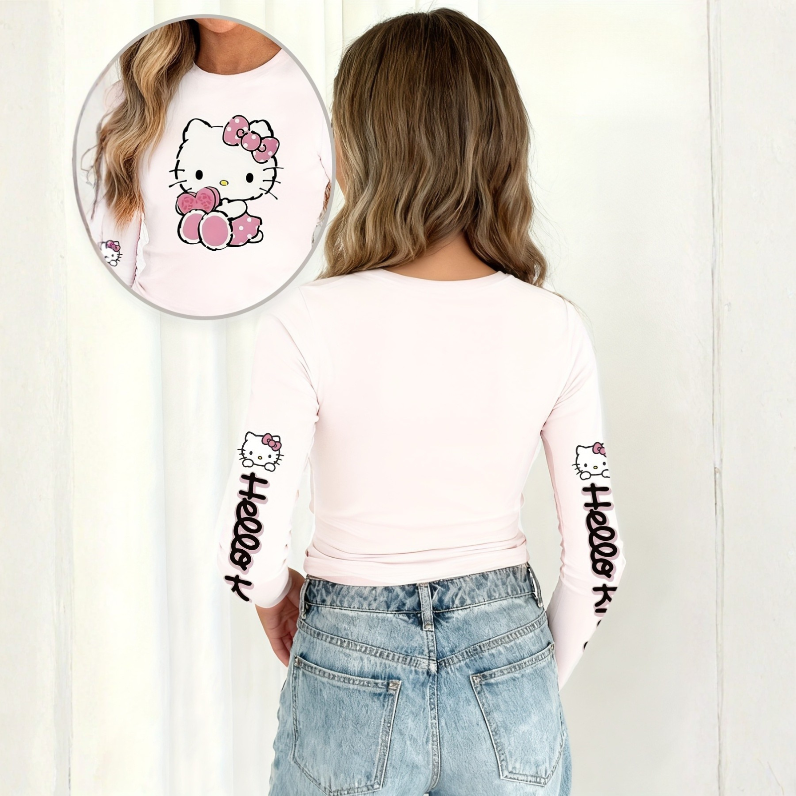Hello Kitty Cartoon Printed Long Sleeve Crop Top For Girls