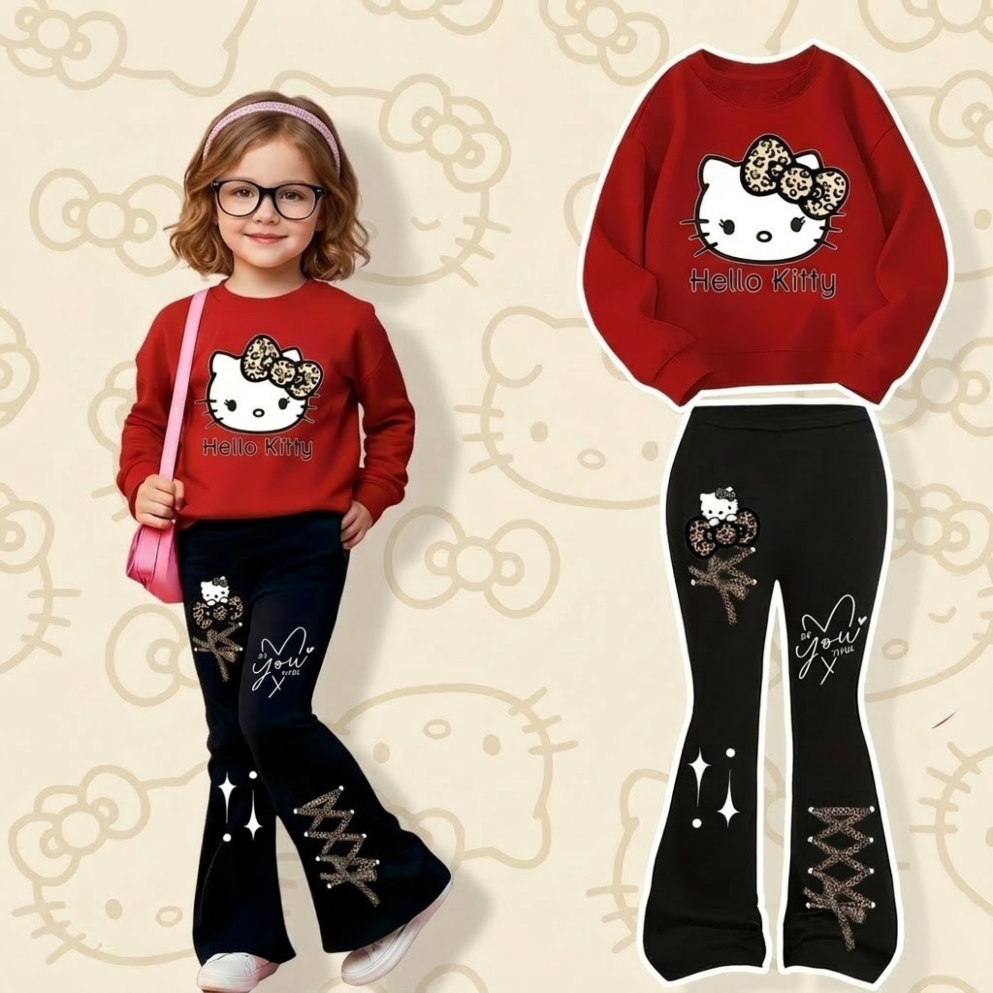 Hello Kitty Design Sweatshirt And Flared Pants Casual Set For Girls