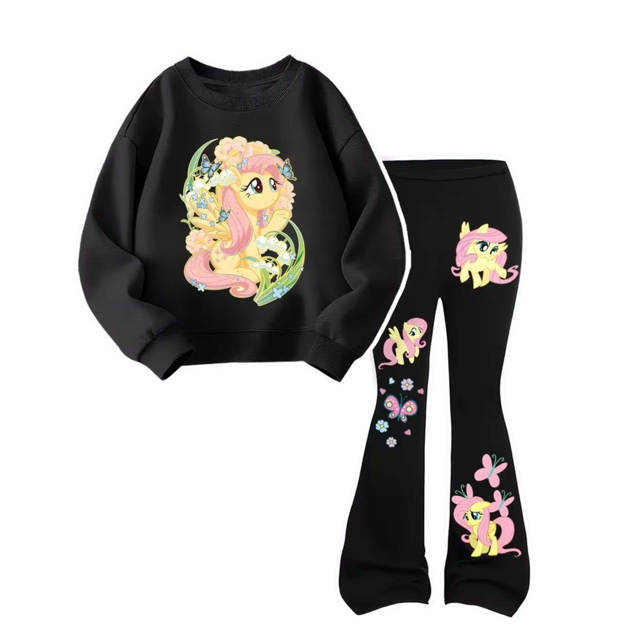 Fluttershy Design Printed Sweatshirt And Flared Pants Set For Girls