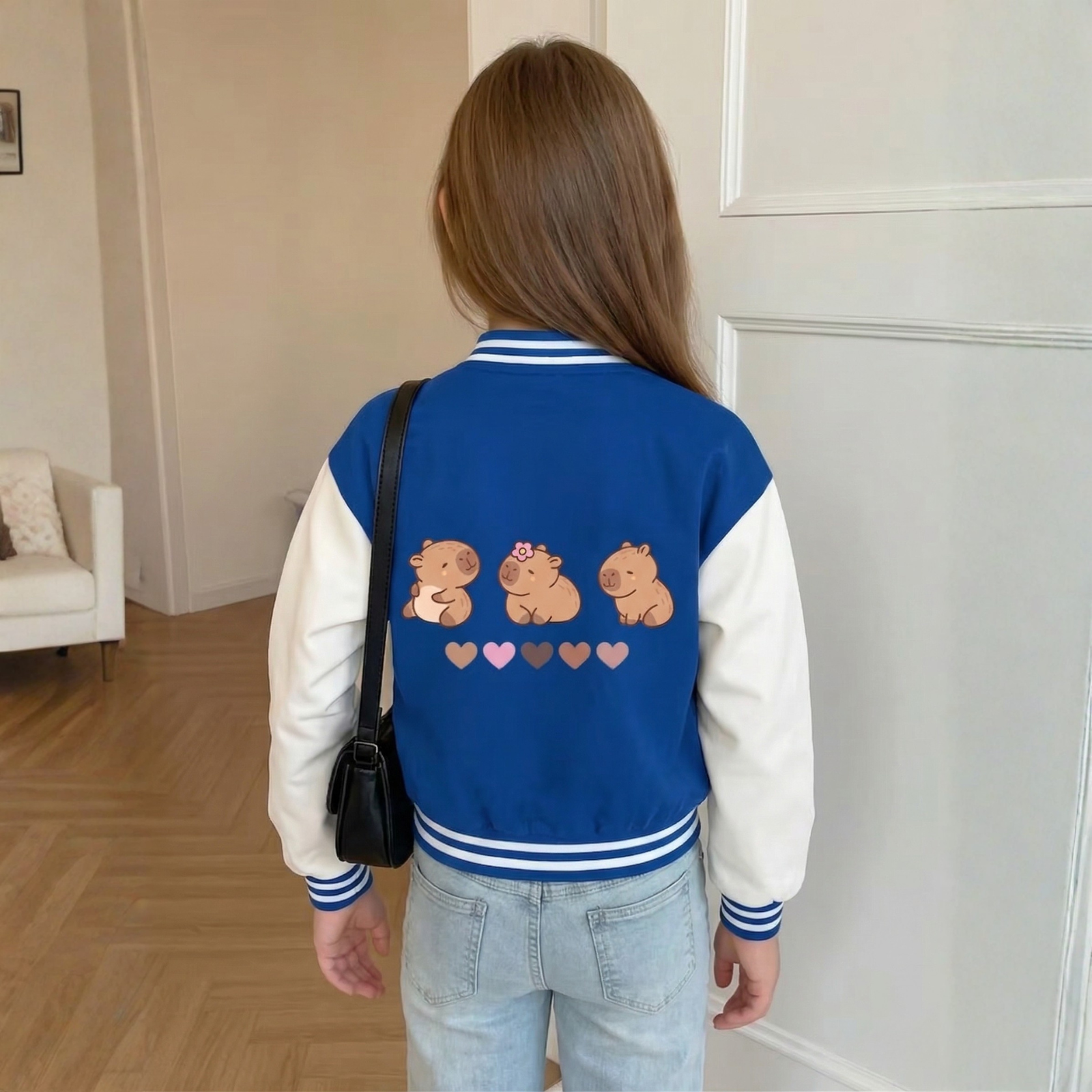 Capybara Character Printed Casual Jacket With Snap Closure For Girls