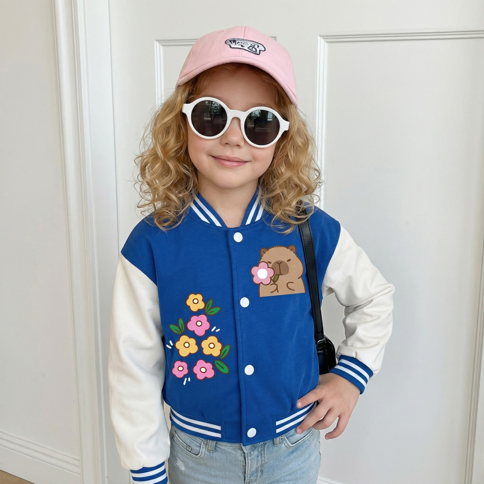 Capybara Family Graphic Casual Baseball Jacket For Girls