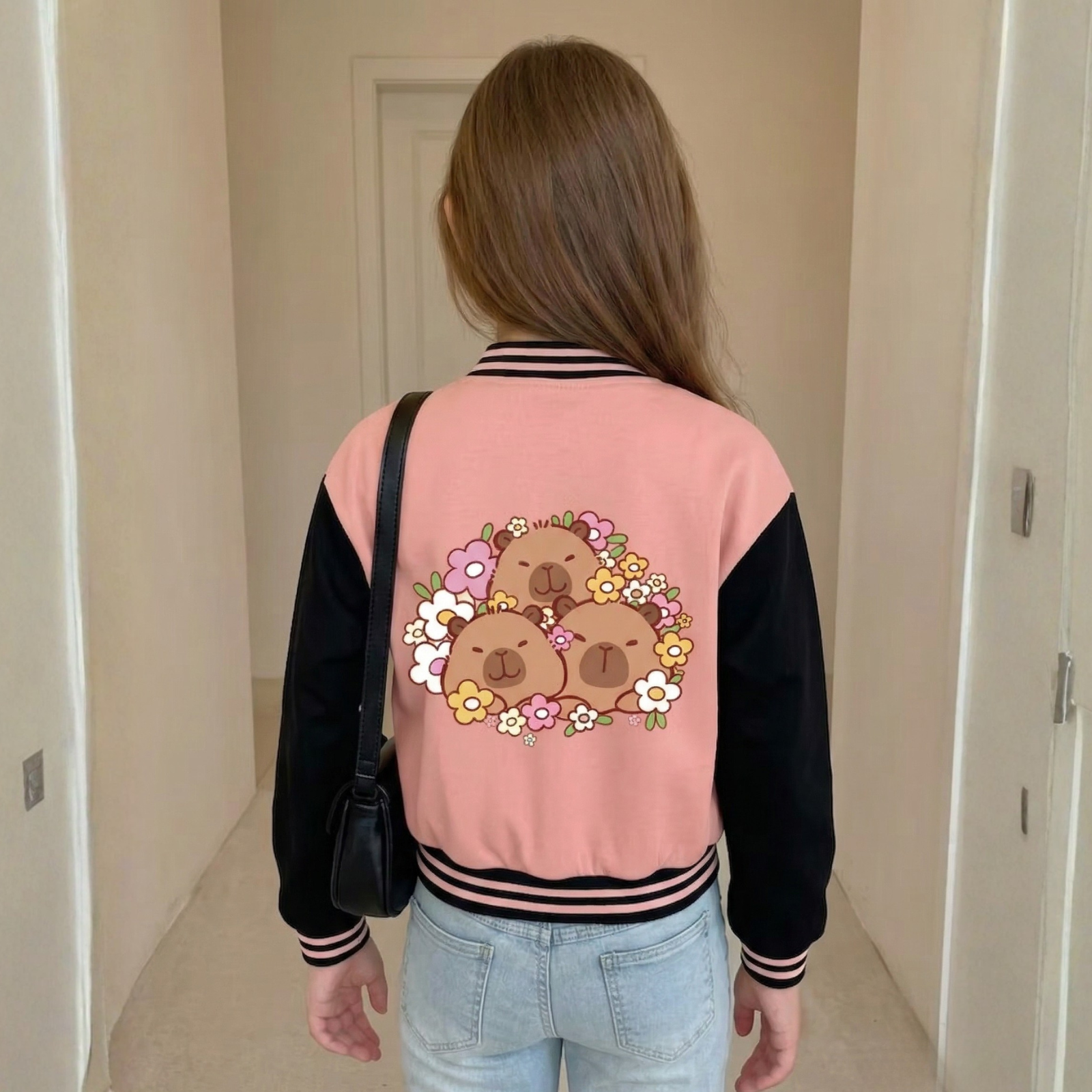 Capybara Family Graphic Casual Baseball Jacket For Girls