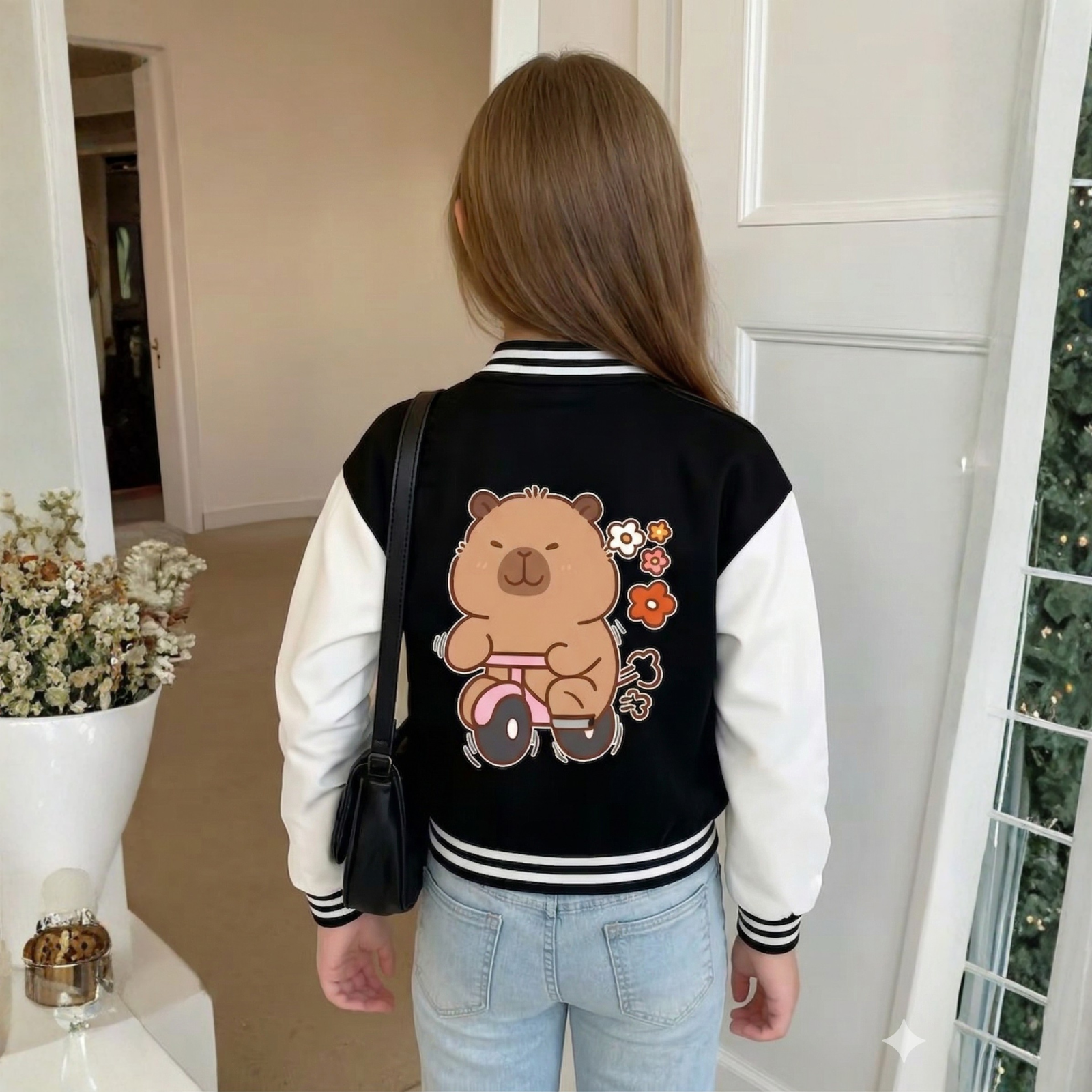 Capybara Cartoon Multi Print Baseball Jacket With Snap Closure For Girls