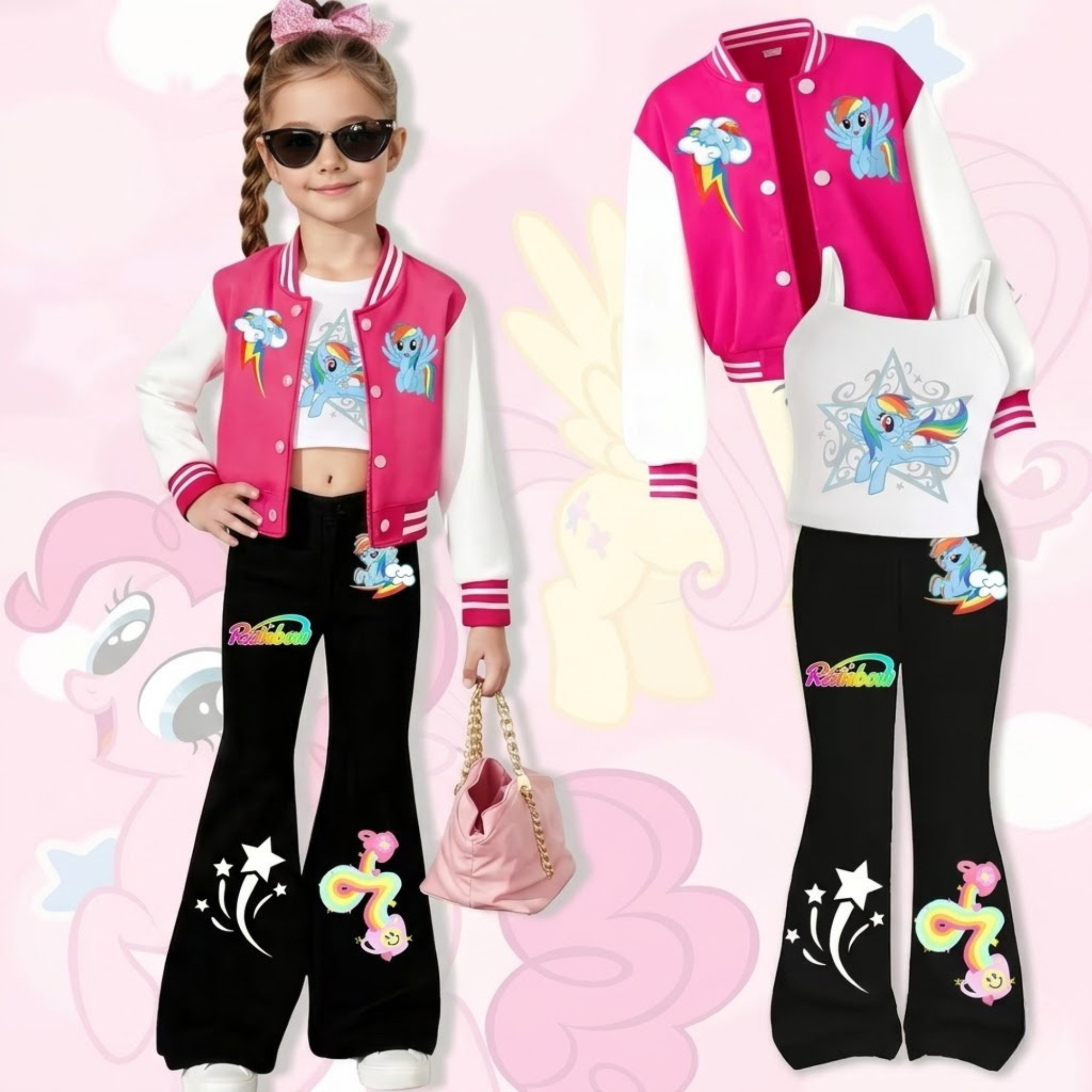 Little Pony Inspired 3 Piece With Top Jacket And Flared Pants Set
