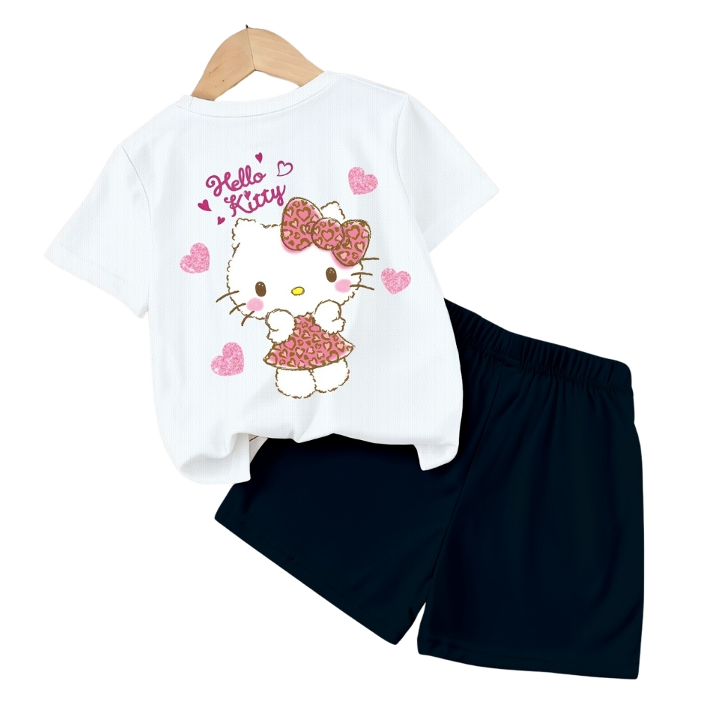 Hello Kitty Double Sided Print T Shirt And Shorts 2 Piece Outfit Set For Girls