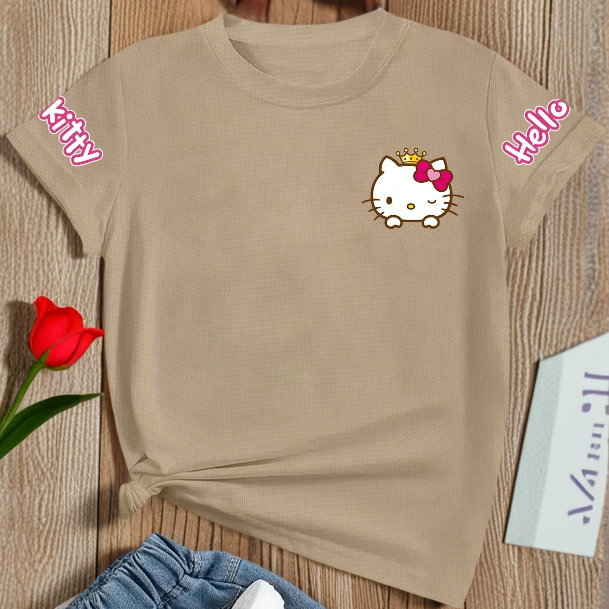 Casual Short Sleeved T Shirt With Hello Kitty Printed For Girls 