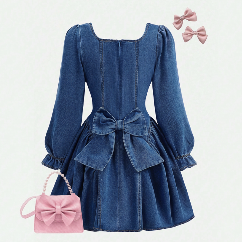 3D Bow Decor Denim Romper