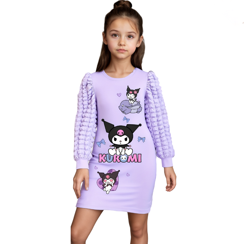 Kuromi Graphic Casual Dress With Puff Sleeves For Girls