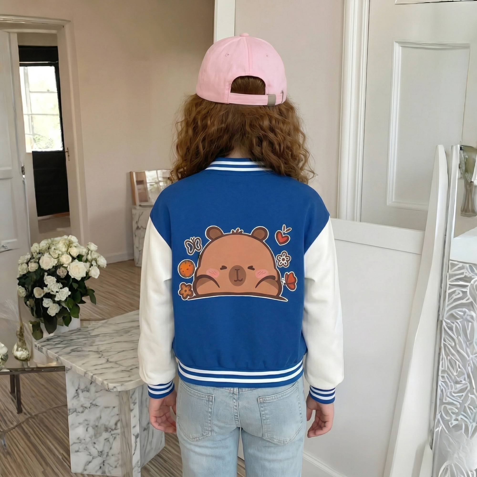Capybara Graphic Print Baseball Jacket With Snap Closure For Girls