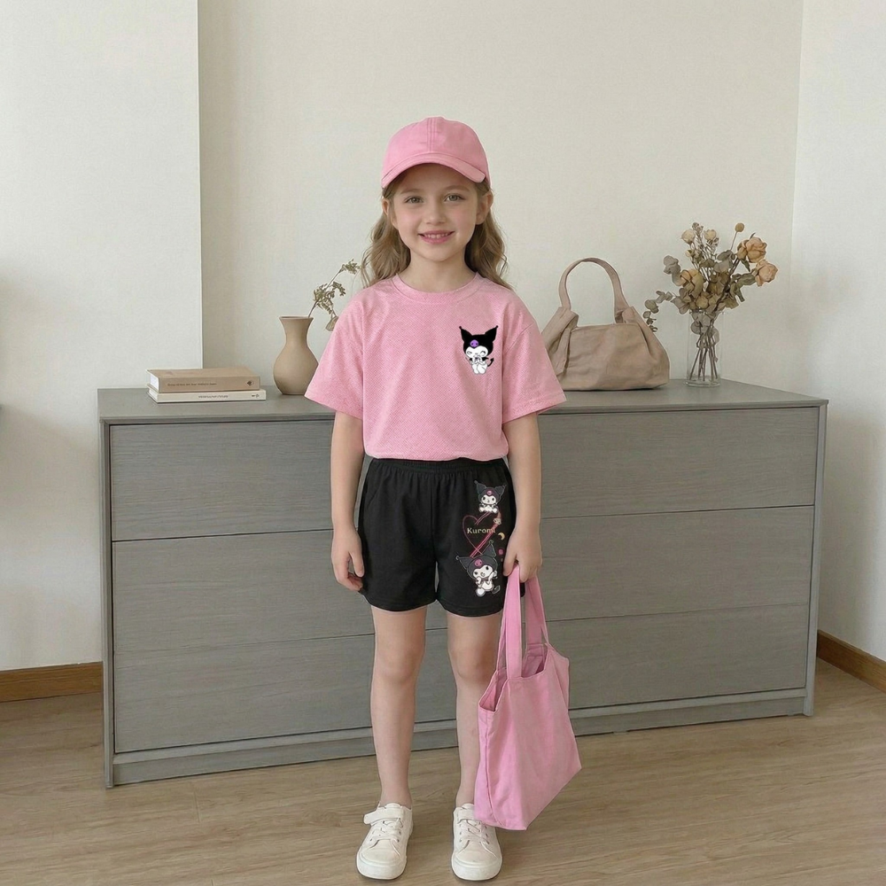 Kuromi Graphic Double Side Printed T Shirt And Shorts Outfit Set For Girls