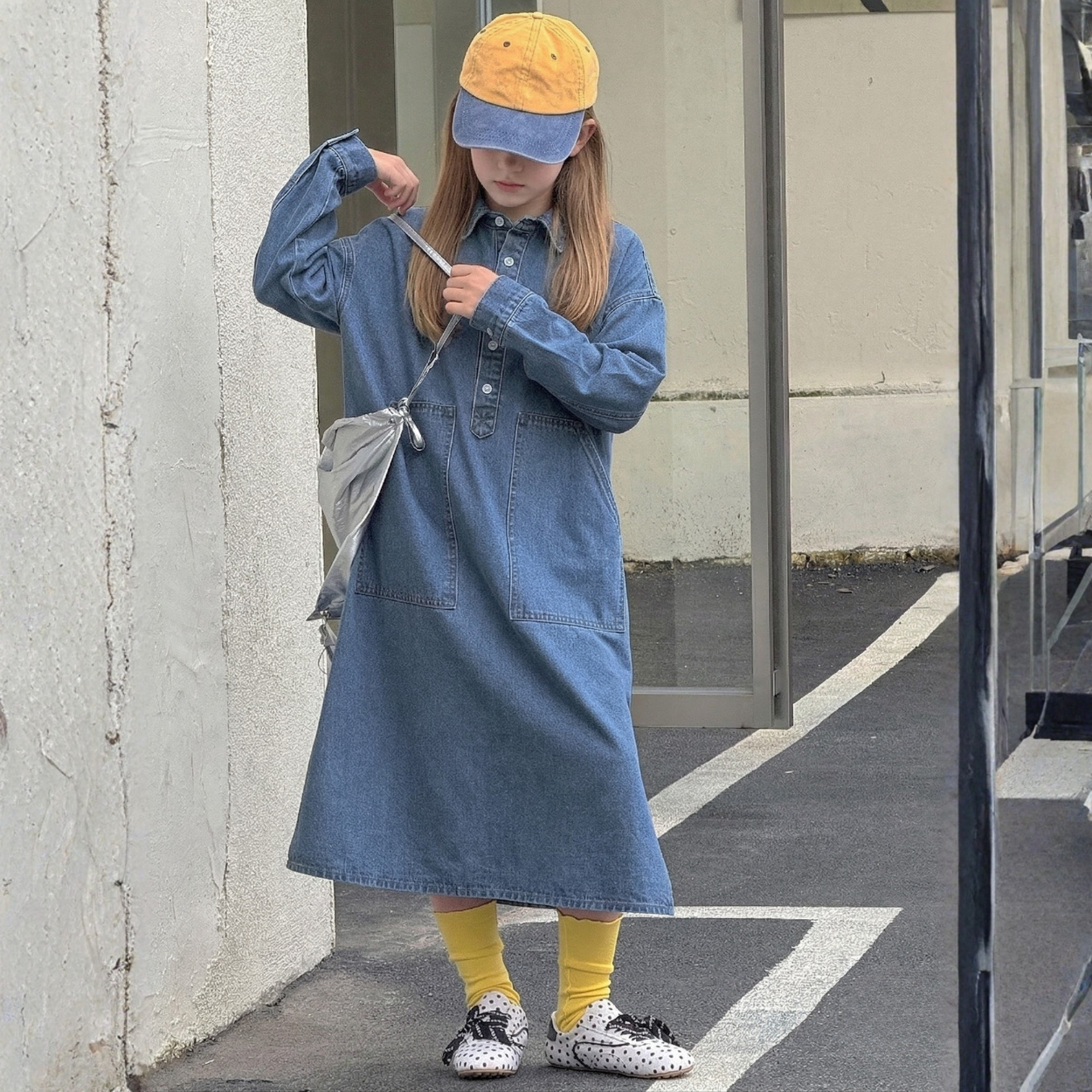 Oversized Denim Shirt Dress With Pocket And Button Front For Girls