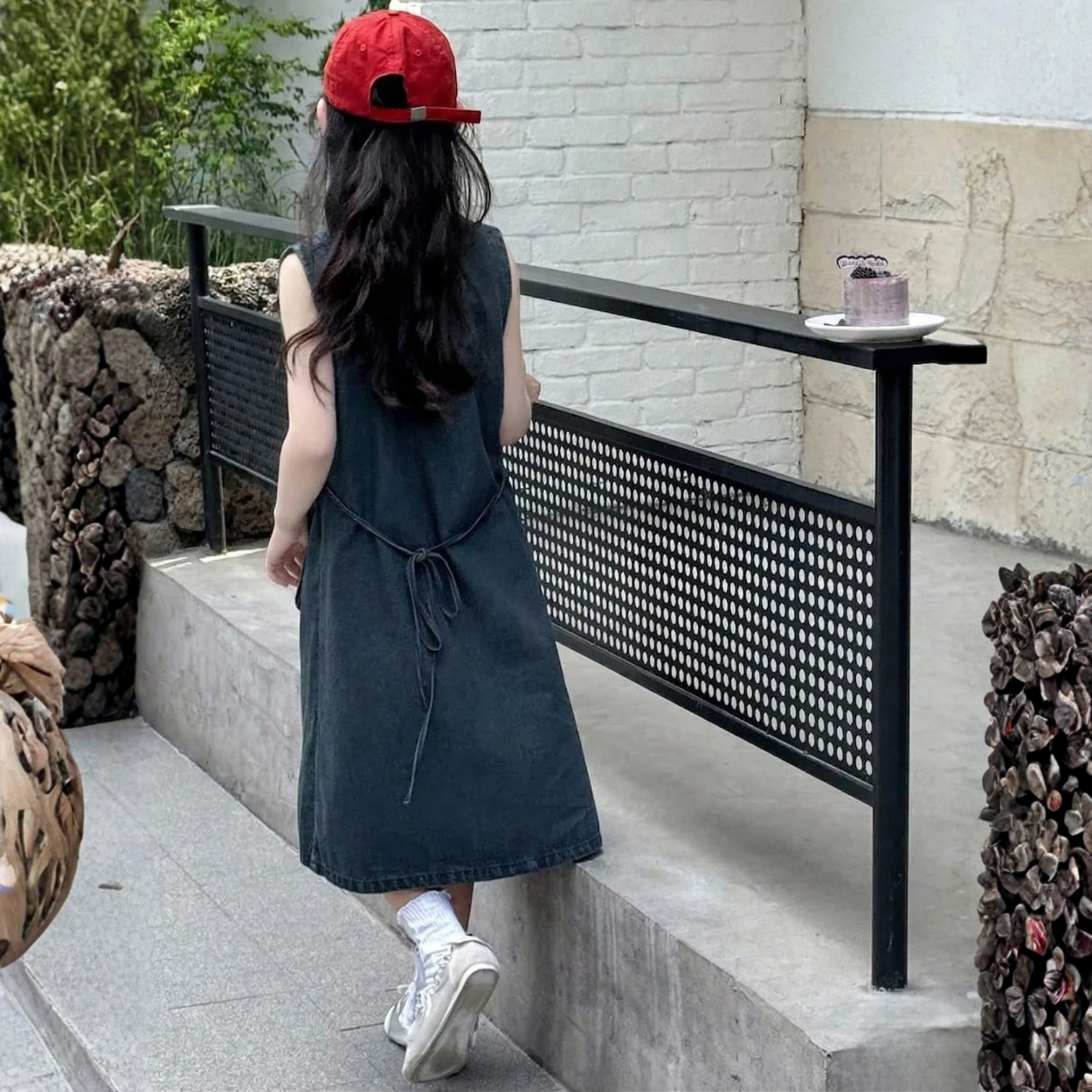 Tween Girl Crew Round Collar Sleeveless Denim Midi Dress